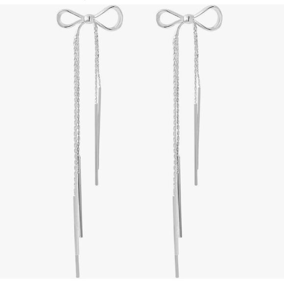 Elegant Silver Bow Ribbon Fringe Waterfall Dangling Wedding Earrings - Picture 4 of 4